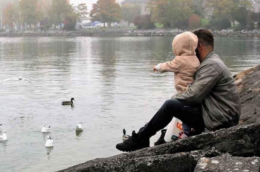 isä ja lapsi katselevat sykikkäin llintuja järvellä